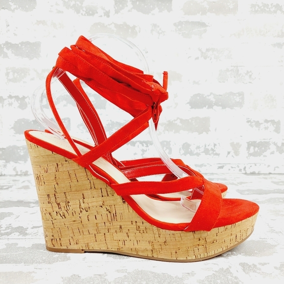 Guess Treacy Red Faux Suede Lace Up Ankle Strap Open Toe Wedge Sandals K807 - Picture 5 of 12